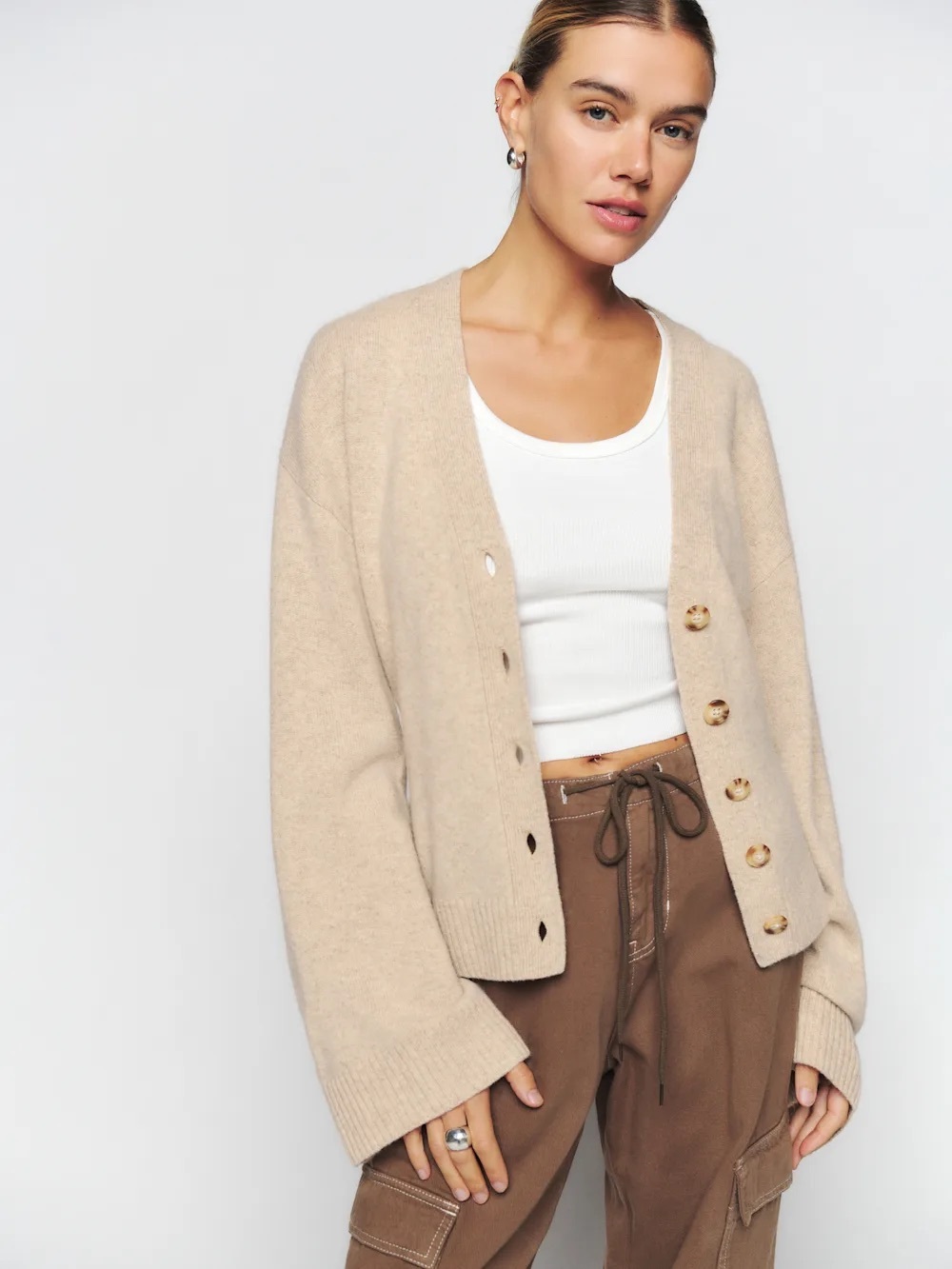 REFORMATION Novara Regenerative Wool Cardigan Linen Medium | NATIVA™ Merino